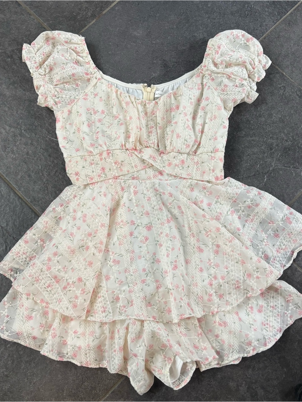 Altar’d State Cream and Pink Floral Ruffled Dress L tie back skort repaired seam